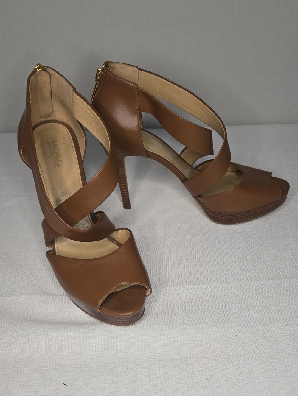MICHAEL Michael Kors Cognac Brown Leather Crisscross Peep-Toe Heels